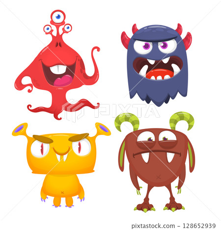Funny cartoon monsters with different face expressions. Set of cartoon vector happy monsters characters. Halloween design for party decoration,  package design 128652939