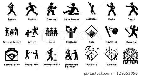 棒球運動員和相關圖標的集合 128653056