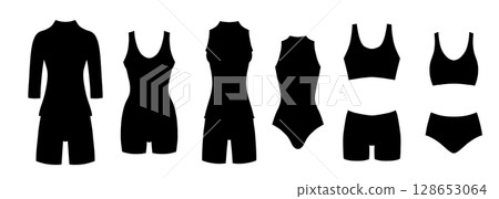 Vector set of black silhouette of sports women swimsuits. Collection of print of sports wetsuits for swimming pools, cycling competitions, gymnastics Vector set of black silhouette of sports women swimsuits. Collection of print of sports wetsuits for swimming pools, cycling competitions, gymnastics 128653064