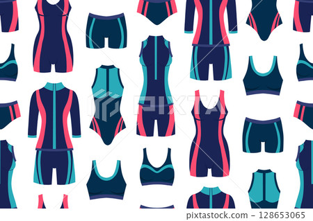 Vector seamless pattern with sports women swimsuits. Texture with sports wetsuits for swimming pools, cycling competitions and gymnastics. 128653065