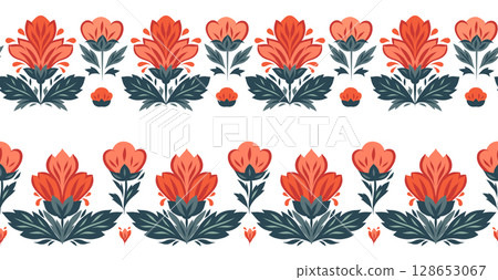 Vector set of seamless borders with decorative flowers. Collection of friezes with stylized red flowers. Floral horizontal borders 128653067
