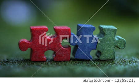 Three vibrant puzzle pieces, red, blue, and green, lie connected on textured surface, showcasing unity with bright, optimistic hues in this macro focused image Three vibrant puzzle pieces, red, blue, and green, lie connected on textured surface, showcasing unity with bright, optimistic hues in this macro focused image 128653215