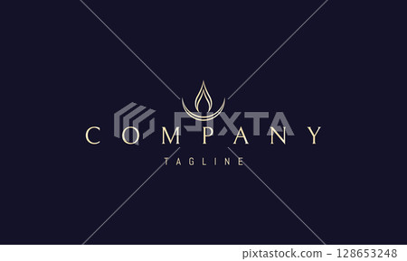 A vector golden logo featuring an abstract image a flame rising above a crescent moon, symbolizing mystery, transformation, and cosmic energy. A vector golden logo featuring an abstract image a flame rising above a crescent moon, symbolizing mystery, transformation, and cosmic energy. 128653248