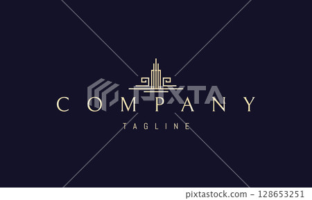 A vector golden logo featuring an abstract image a temple built with minimal linear strokes, forming a sacred and balanced silhouette. A vector golden logo featuring an abstract image a temple built with minimal linear strokes, forming a sacred and balanced silhouette. 128653251