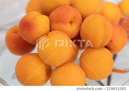 Delicious Japanese summer fruits: watermelon, melon, apricot and jam 128653265