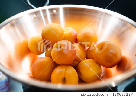 Delicious Japanese summer fruits: watermelon, melon, apricot and jam 128653287