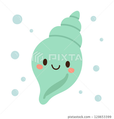 Playful mint sea snail with a spiral shell and smile, surrounded by bubbles on white background, perfect for underwater character art Playful mint sea snail with a spiral shell and smile, surrounded by bubbles on white background, perfect for underwater character art 128653399