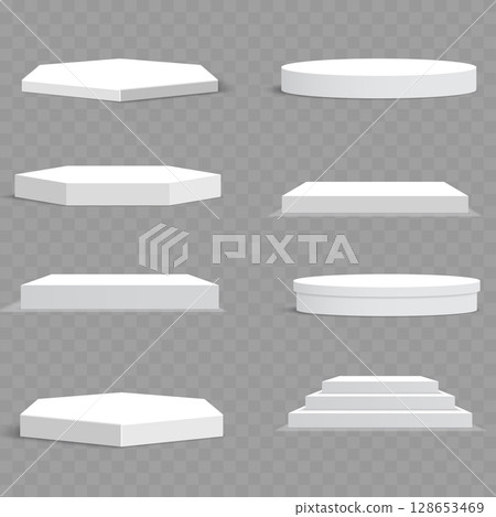 White Empty Product Display Podiums Set. Pedestals Showcase Platform. Vector 128653469