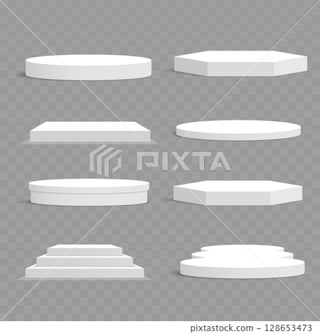 White Empty Product Display Podiums Set. Pedestals Showcase Platform. Vector 128653473
