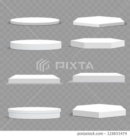 White Empty Product Display Podiums Set. Pedestals Showcase Platform. Vector 128653474