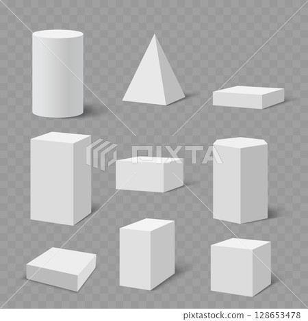 3D Basic Geometric Shapes Collection: Cube, Cylinder, Pyramid, Prism Set. Vector 3D Basic Geometric Shapes Collection: Cube, Cylinder, Pyramid, Prism Set. Vector 128653478