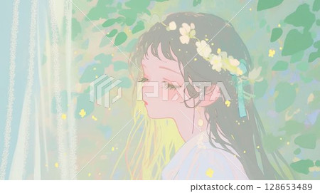 Girl in flower crown with eyes closed among flowers and light 128653489