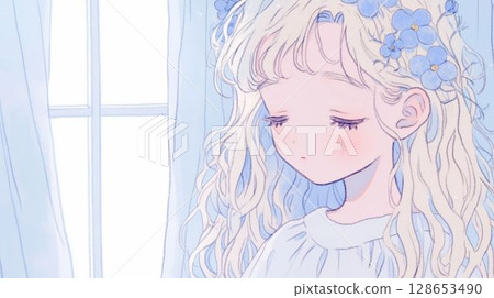藍色的花和一個閉著眼睛的女孩 128653490