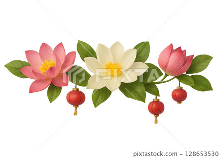 Mid autumn festival flowers with lanterns and leaves on transparent background Mid autumn festival flowers with lanterns and leaves on transparent background 128653530