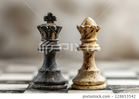 Chess king and queen pieces on chessboard 128653542