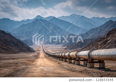 Long oil pipeline stretching through desert with mountains 128653544