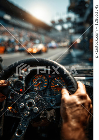 Driver view of vintage racing car dashboard on race track 128653545
