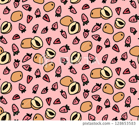 fruit outline pattern on pink background in doodle style, strawberry and apricot 128653583