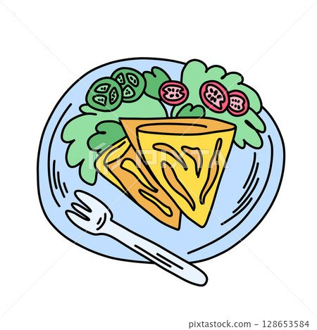 Illustration of omelette with vegetable salad and fork on plate. Greens tomatoes cucumbers in doodle 128653584