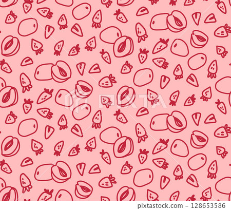 Outline pattern with garden strawberries and apricots in pink tones, seamless pattern for packaging 128653586