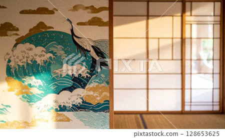 Shoji screen with cranes and golden clouds dancing on the waves 128653625