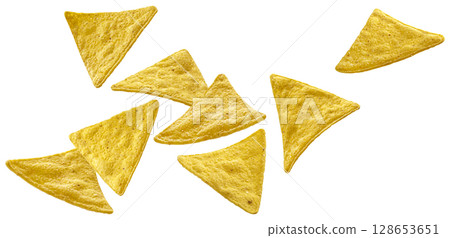 Corn chips, mexican nachos isolated on white background with clipping path Corn chips, mexican nachos isolated on white background with clipping path 128653651