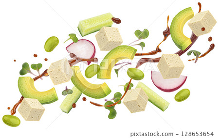 Tofu salad ingredients isolated on white background with clipping path Tofu salad ingredients isolated on white background with clipping path 128653654