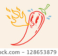 Vector illustration of a spicy chili pepper with flame in retro style. Cartoon red chili pepper for Mexican or Thai food. Hot chilli in vintage style. 128653879