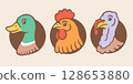 Vector set illustrations of turkey, chicken and duck heads in retro style. Vintage illustrations of turkey, rooster and duck 128653880