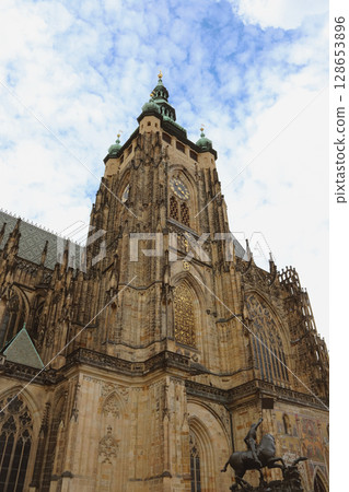 Old Catholic stone church in Gothic style. Church in Prague, Czech republic 128653896