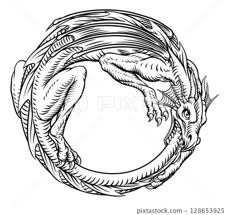 Dragon Ouroboros Vintage Style Woodcut Line Art 128653925