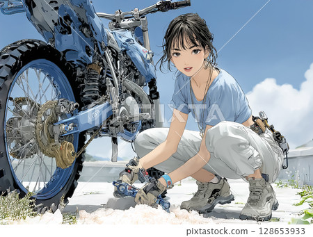 Illustration material of a woman doing maintenance on an off-road bike 128653933