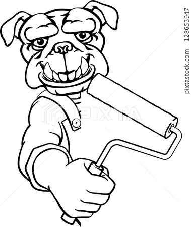 Bulldog Painter Decorator Paint Roller Mascot Man 128653947