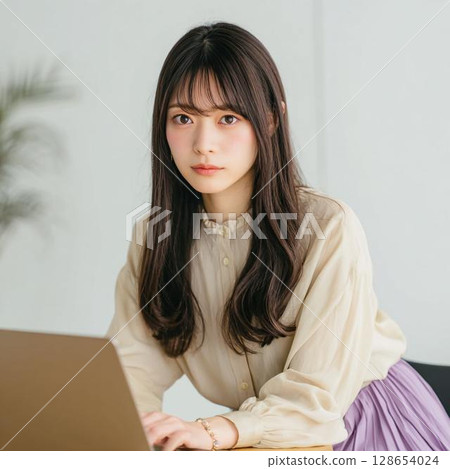 A woman using a personal computer in a room A woman using a personal computer in a room 128654024