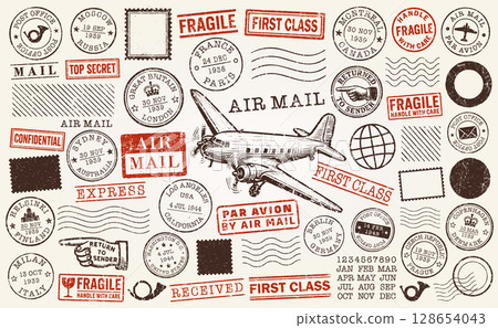 Grunge postage stamp set. Old Post stamp collection. Retro grunge postmark airmail. Vintage grunge postage stamp. Postal Vector illustration image. Isolated on white background. 128654043