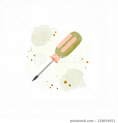 Pastel screwdriver with gold and olive accents on white background, creativity 128654051