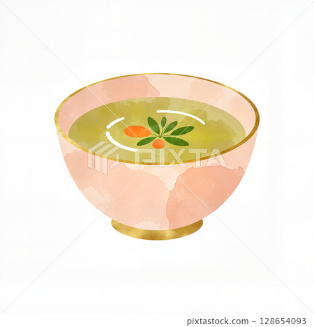 Colorful soup bowl with olive accents on white background, culinary art Colorful soup bowl with olive accents on white background, culinary art 128654093
