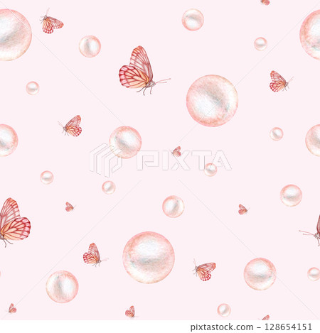 Seamless pattern with burgundy orange butterfly and pink pearls, hand drawn in watercolor. 128654151