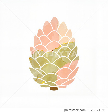 Pastel pine cone illustration with gold and olive hues, seasonal decor 128654196