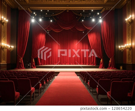 深紅色豪華窗簾，舞台和活動的華麗背景材料 128654220