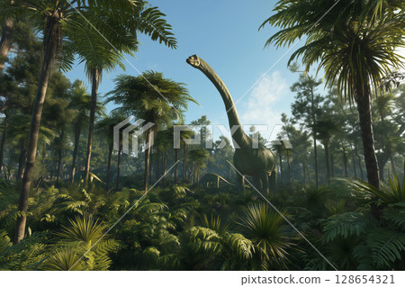 A peacefully grazing herd of Brachiosaurs in a lush Jurassic forest with tall ferns and cycads 128654321