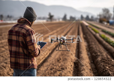 A farmer uses an artificial intelligence-based drone to monitor his crop 128654322