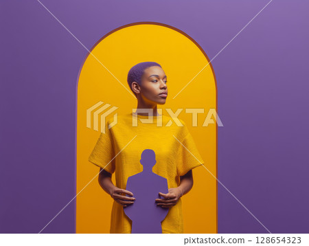 A black woman with short hair and wearing a yellow T-shirt holds a man's figure in her hands 128654323