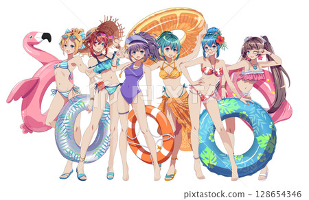 Anime Girls with Pool Floats on White Background 128654346