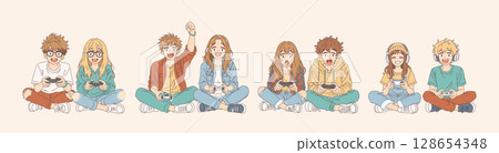 Group of Animated Teens Enthusiastically Gaming 128654348