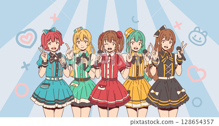 Group of animated performers in colorful outfits 128654357