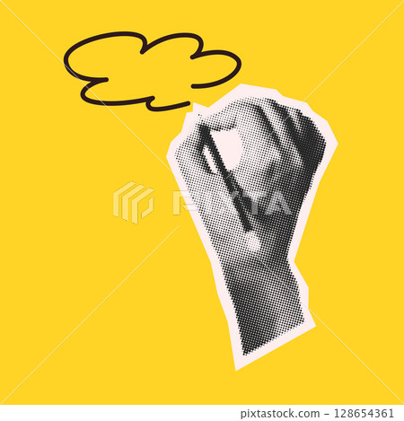 Halftone Hand Holding Pencil with Cloud Halftone Hand Holding Pencil with Cloud 128654361