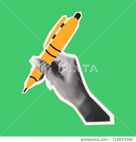 Pop Art Style Hand Holding Pen on Green Background Pop Art Style Hand Holding Pen on Green Background 128654366