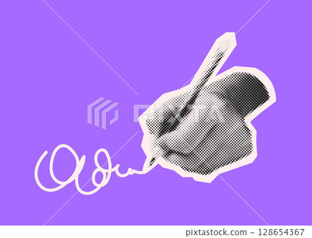 Halftone Hand Holding Pen Illustration on Purple Halftone Hand Holding Pen Illustration on Purple 128654367