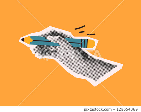 Hand Holding Pencil Pop Art Style Illustration Hand Holding Pencil Pop Art Style Illustration 128654369